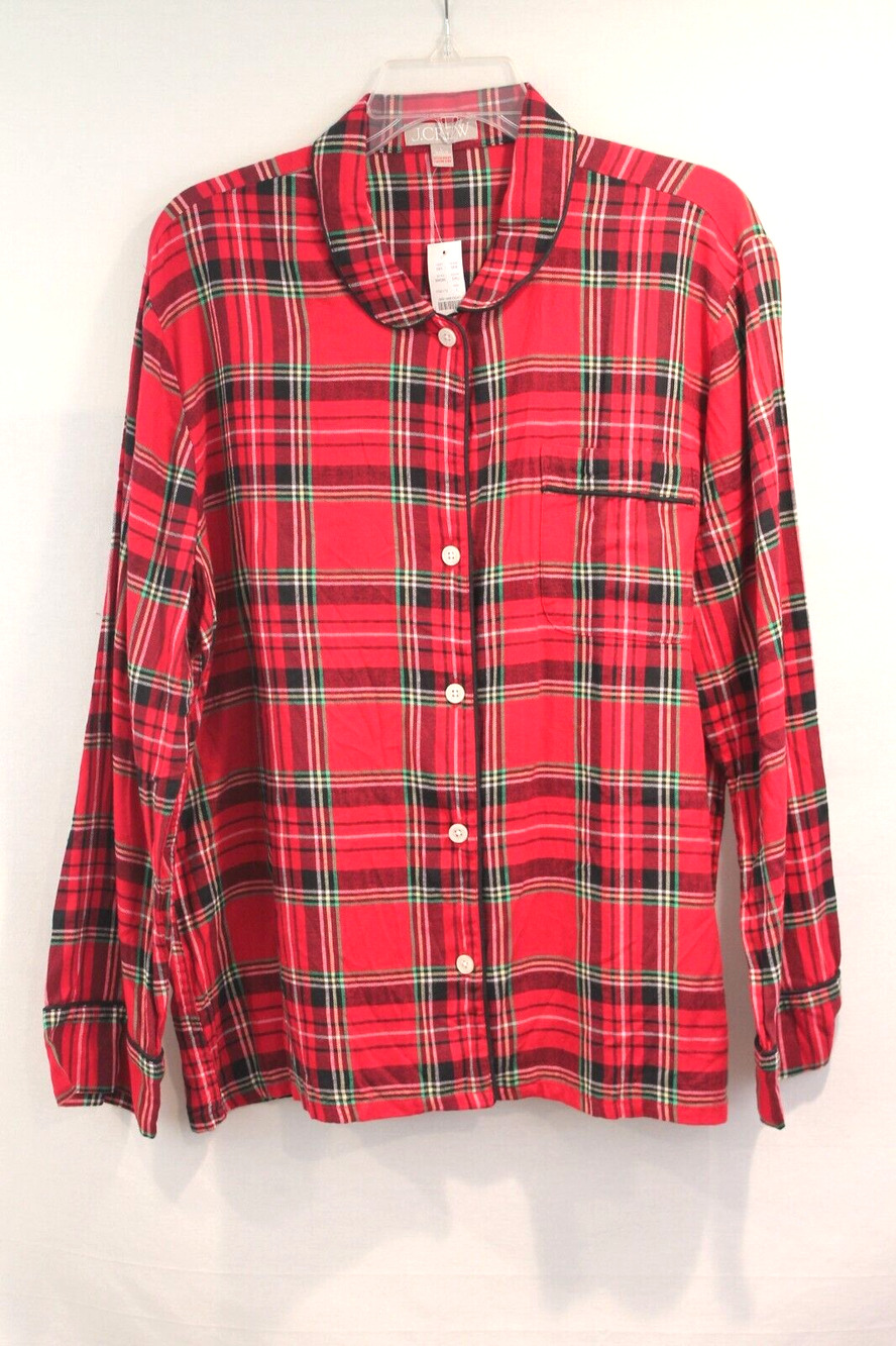 J Crew Cozy Flannel Pajama Top Womens size L Red Plaid Long Sleeve Button-Up
